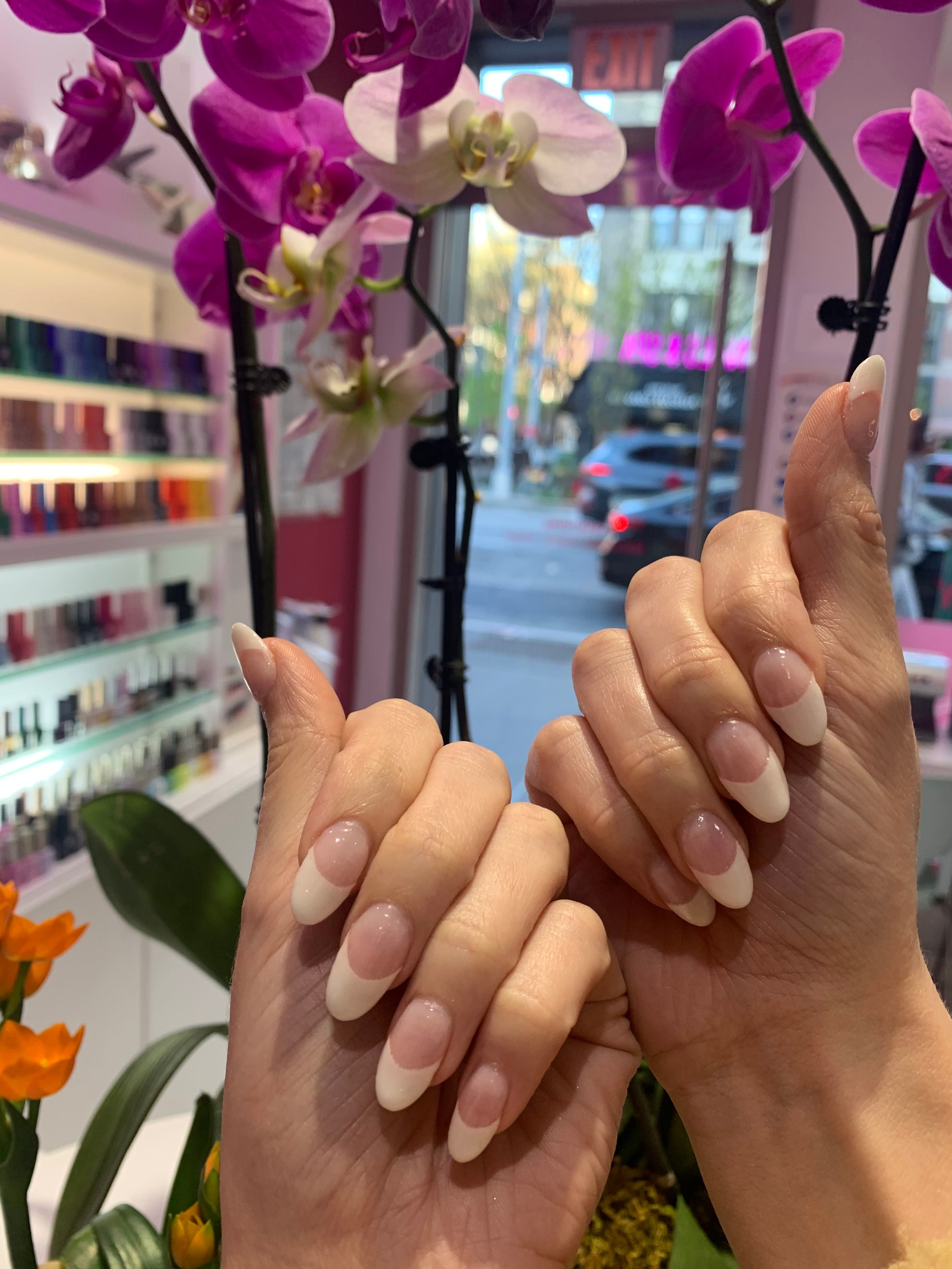 Classic white French almond nails