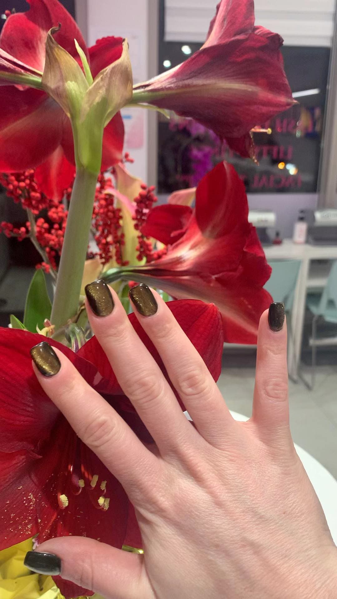 Olive-gold shimmer nails