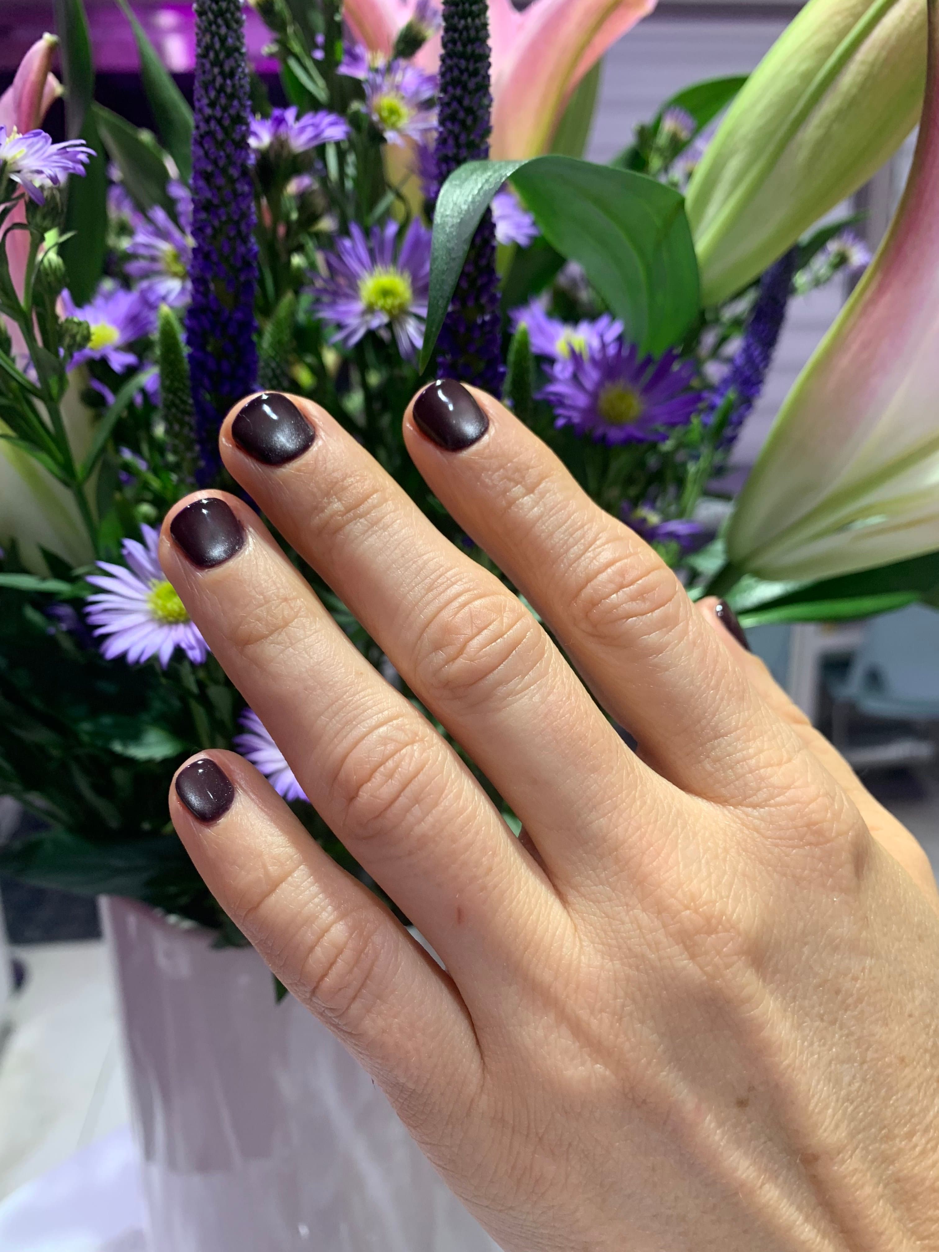 Plum shimmer short nails